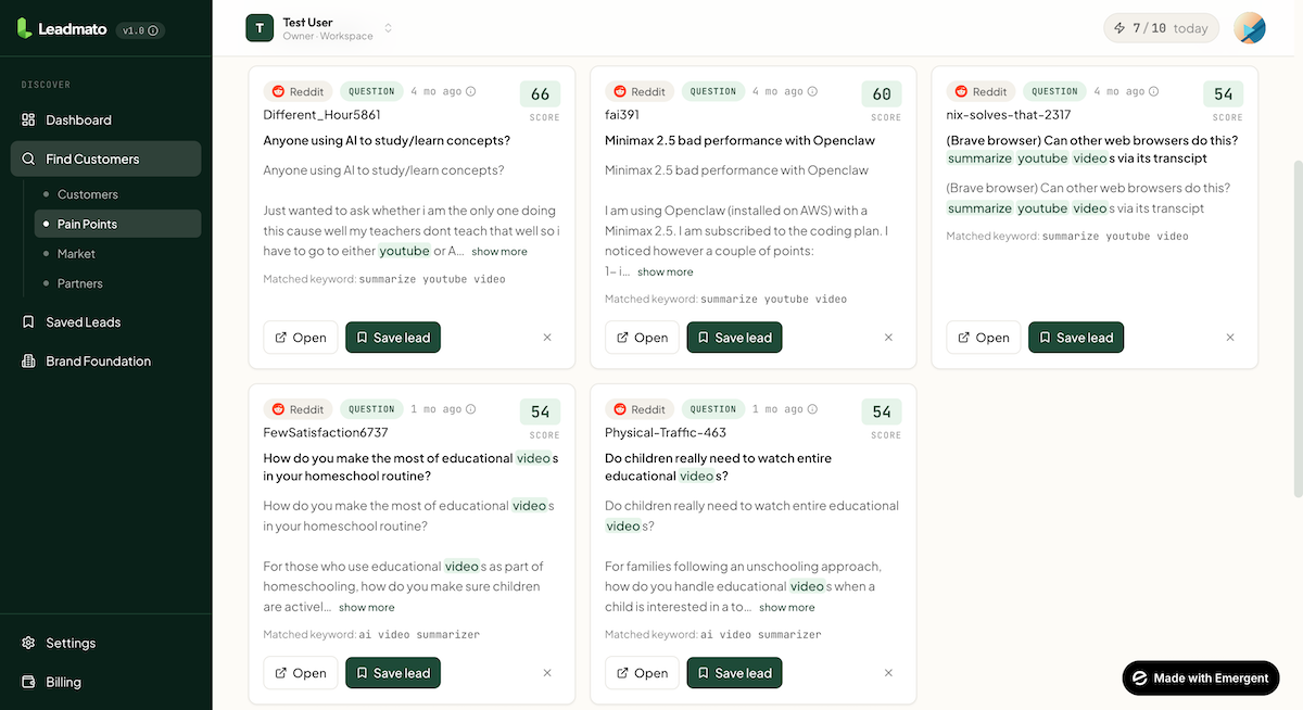 Leadmato Find Customers - real buyer posts from Reddit with intent, score, matched keyword and one-click save lead