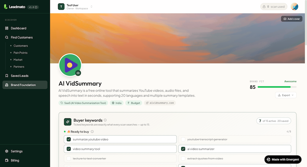 Leadmato Brand Foundation - brand fit score, buyer keywords ticked ready for scans, category and market set for AI VidSummary