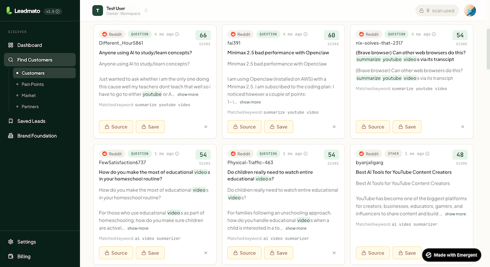 Find Customers page showing scored signal cards from Reddit