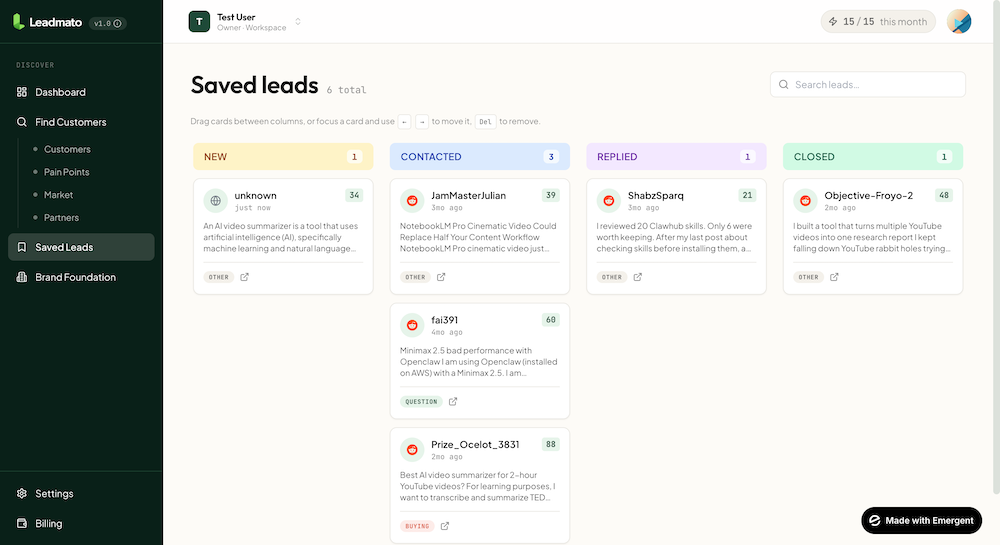 Saved Leads kanban board with New / Contacted / Replied / Closed columns