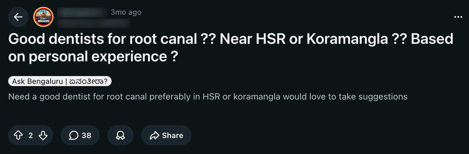 Reddit post from r/Bengaluru — illustrative signal