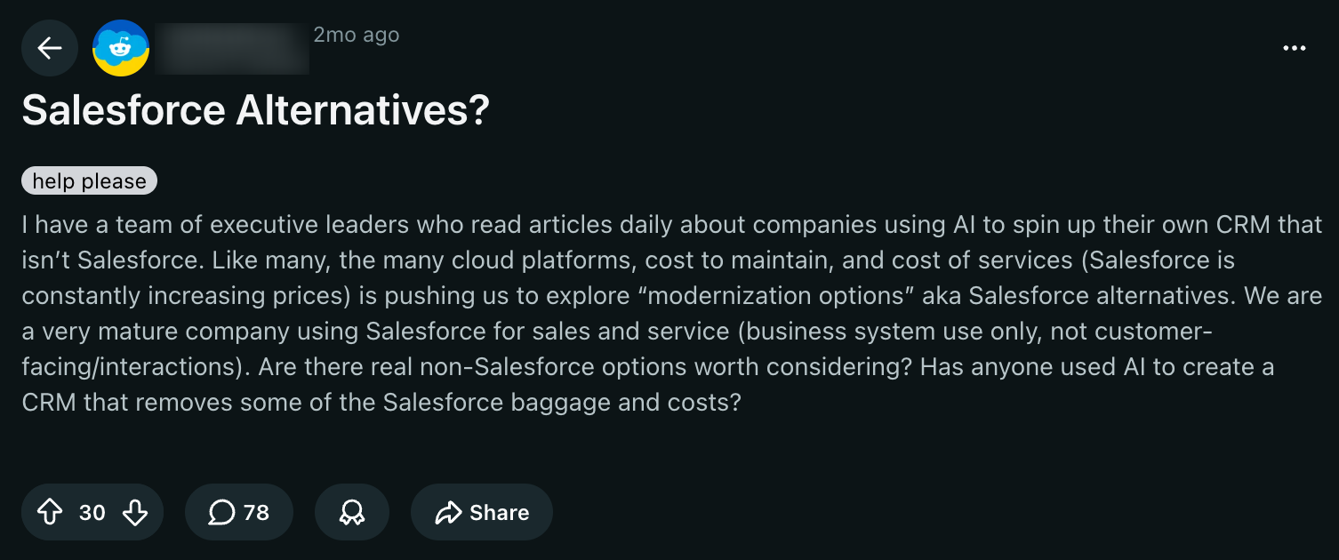 Reddit post from r/Salesforce — illustrative signal